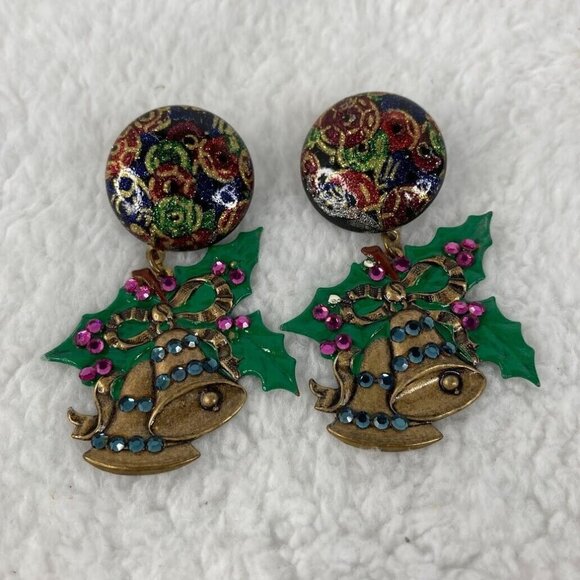Vintage Christmas Bells Pierced Earrings 2.5"  Button Studs Dangle Rhinestones - Picture 1 of 10